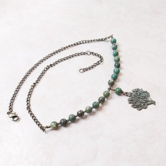 Dark Green Jasper Beaded "Tree of Life" Necklace Choker 16-18" - Forest Magic - Picture 4 of 6